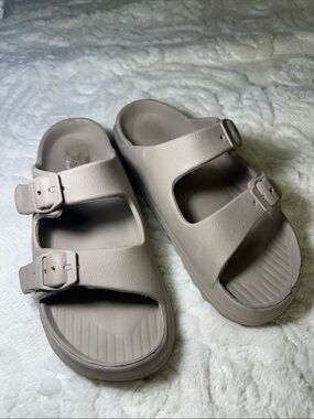 Hello Polo Chunky Dual-Buckle Slide Sandals in Taupe